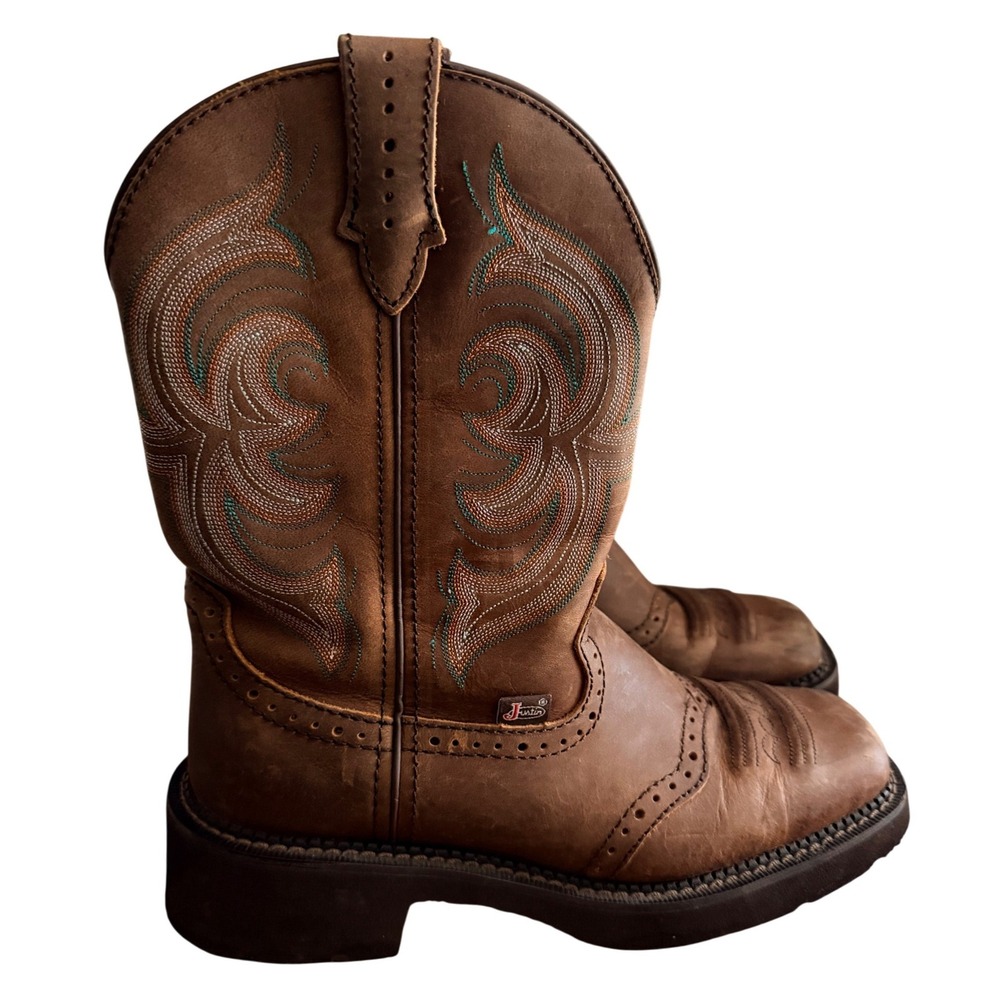 Justin Boots Womens 8.5B Gypsy Brown Leather Square Toe Embroidered EUC